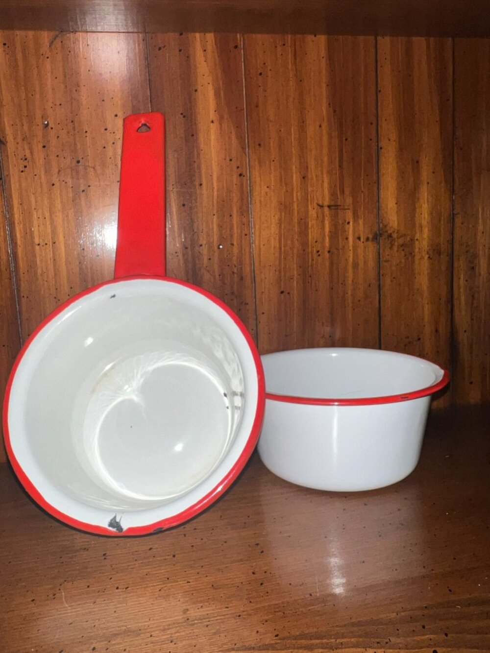 Vintage Enamelware Farmhouse Saucepans Red & White Set of 2